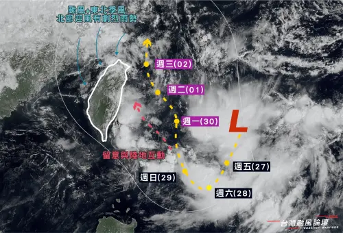 ▲未來路徑有2大觀察重點，颱風北上過程中，缺乏導引氣流，移動速度慢，影響時間會拉長；在缺乏導引氣流情況下，颱風跟台灣陸地的互動，容易產生不規則的走法。（圖／取自「台灣颱風論壇｜天氣特急」）