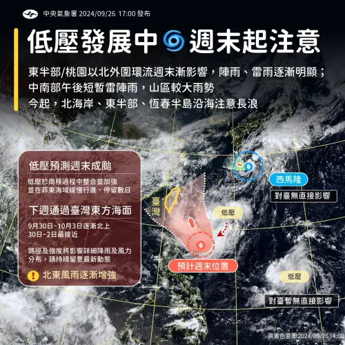 ▲熱帶性低氣壓TD21預計在本週末成台，屆時「基隆北海岸、大臺北及東北部」地區將出現局部大雨。（圖／翻攝中央氣象署臉書）