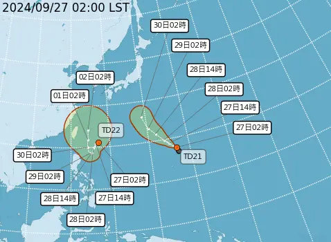 ▲熱帶性氣低壓TD21預計今日晚間增強為颱風「燕子」，另一個則預估在明日清晨前後，增強為颱風「山陀兒」。（圖／中央氣象署）