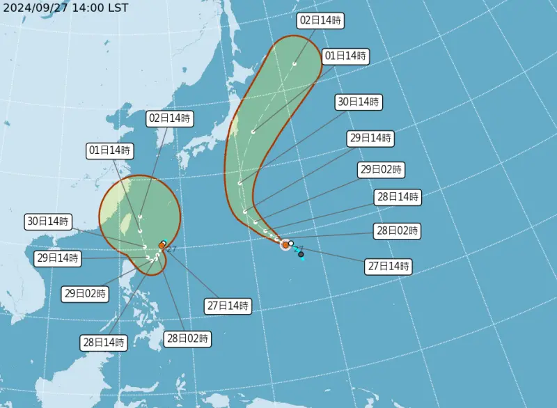 ▲日本南方海面TD22熱帶性低氣壓，預估最快在今晚至明天清晨將生成今年第18號颱風「山陀兒」。（圖／中央氣象署提供）