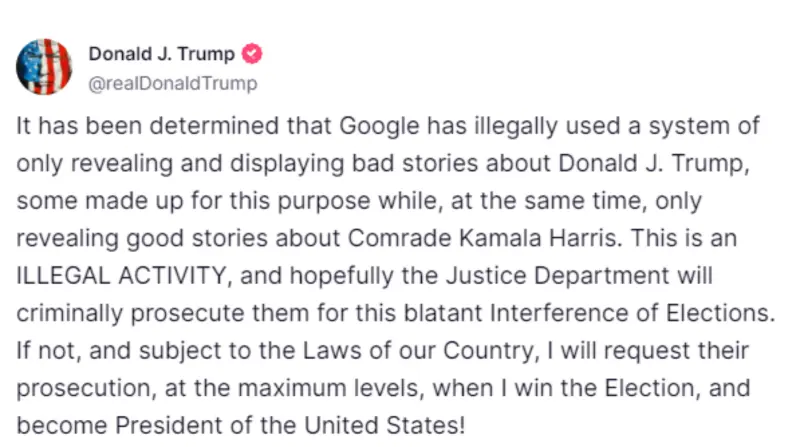 ▲川普指控Google介選,操控搜尋引擎,使搜尋結果的呈現方式有利於賀錦麗。(圖/擷取自truthsocial.com/@realDonaldTrump)