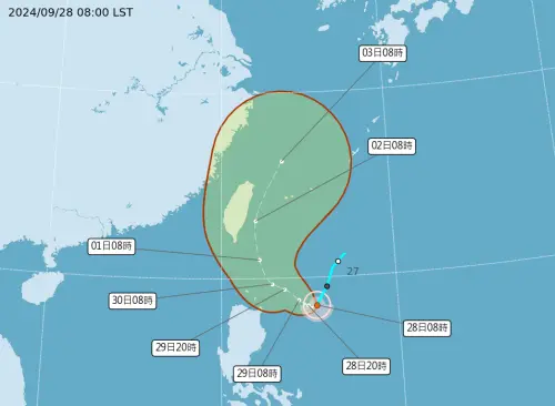 ▲路徑朝西修正，對台灣威脅增大中，暴風圈有機會在下週二到週三籠罩全台灣。（圖／中央氣象署提供）