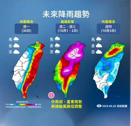 ▲並且下週二、下週三（3日、4日）是颱風影響最劇烈時機，預估陸警有機會持續到下週三（4日）。（圖／中央氣象署提供）