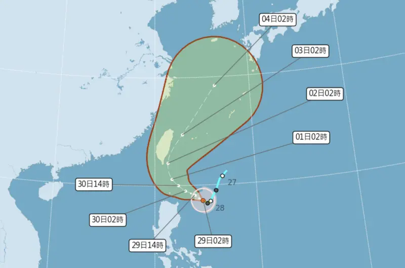 ▲山陀兒颱風路徑預估先朝西北西，北轉後順著台灣東方近海往上走的機率較高，目前仍無法排除登陸機會。（圖／中央氣象署）