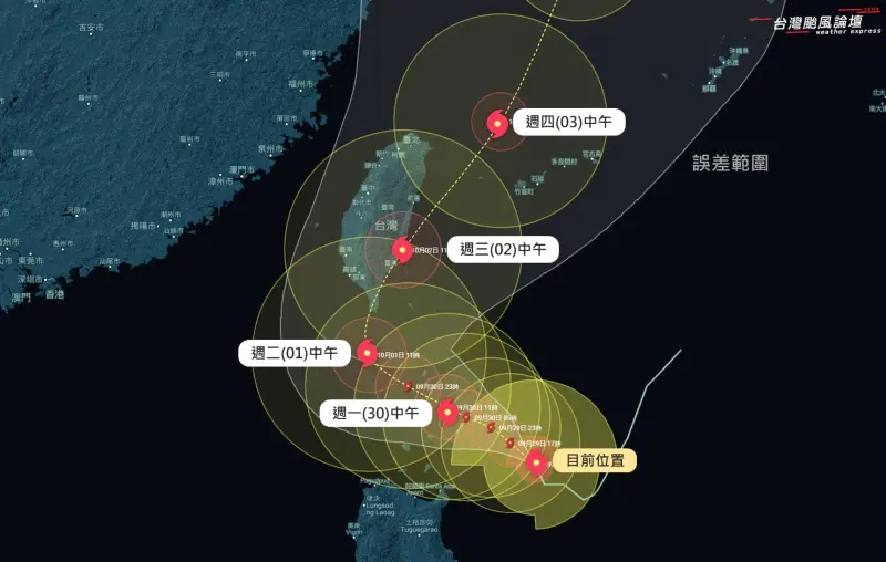 ▲專家指出，山陀兒最新路徑會在「巴士海峽大轉彎、登陸恆春、再沿著東海岸北上」，未來30小時將會是路徑關鍵期。（圖／「台灣颱風論壇｜天氣特急」臉書）