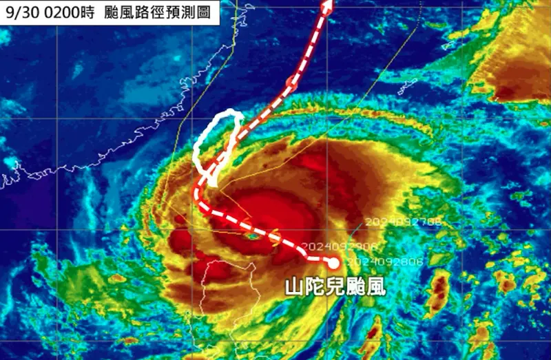 ▲山陀兒颱風路徑罕見斜切又縱走，將以非常接近「強烈颱風」等級的巔峰強度，於10/2清晨登陸南台灣。（圖／翻攝自「林老師氣象站」臉書粉專）