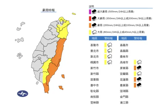 ▲氣象署發布「大雨、豪雨特報」，提醒基隆北海岸、恆春半島、東半部地區及蘭嶼、綠島有局部大雨發生的機率。（圖／中央氣象署）