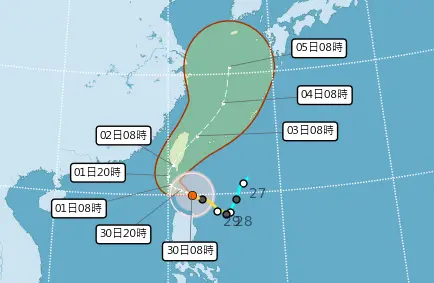 ▲山陀兒颱風昨（29）日路徑出現大幅修正，目前預估往西北移動後，明（1）日會北轉，有機率在高雄至屏東一帶登陸。（圖／中央氣象署）