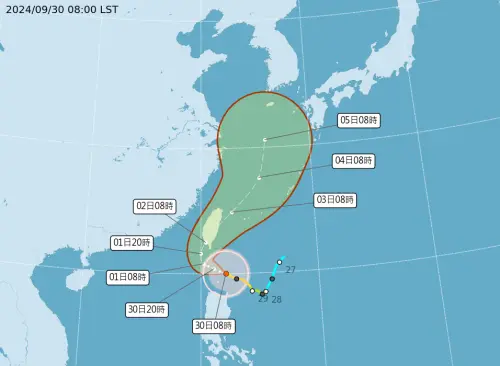 ▲中央氣象署30日上午8時路徑預報顯示，山陀兒可能從西南部登陸。（圖／中央氣象署）