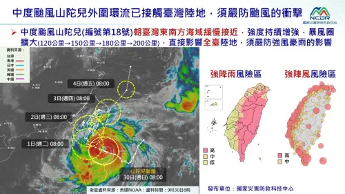 ▲山陀兒外圍環流已觸陸，強降雨風險區、強陣風風險區應多注意。（圖／國家災害防救科技中心）