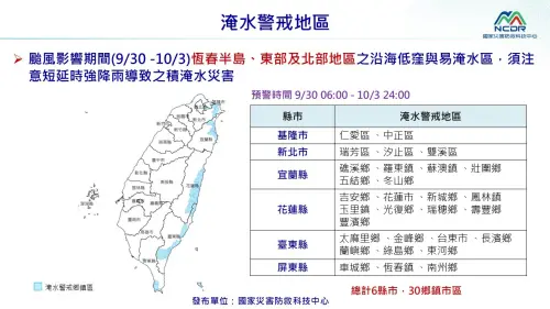 ▲6縣市、30鄉鎮市區列入淹水警戒地區。（圖／國家災害防救科技中心）