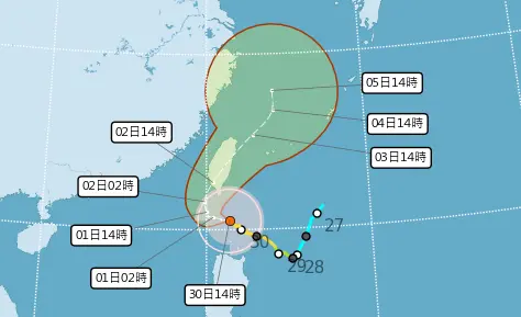 ▲山陀兒颱風路徑還在往西北移動，預估週三登陸高屏一帶，週二至週四上半天，各地風雨最為劇烈。（圖／中央氣象署）