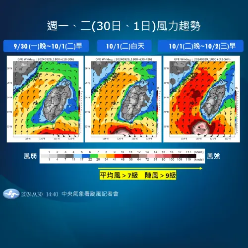 ▲颱風影響期間，蘭嶼、綠島易有10至12級強陣風，苗栗以北、基隆北海岸留意8至9級強陣風。（圖／中央氣象署）