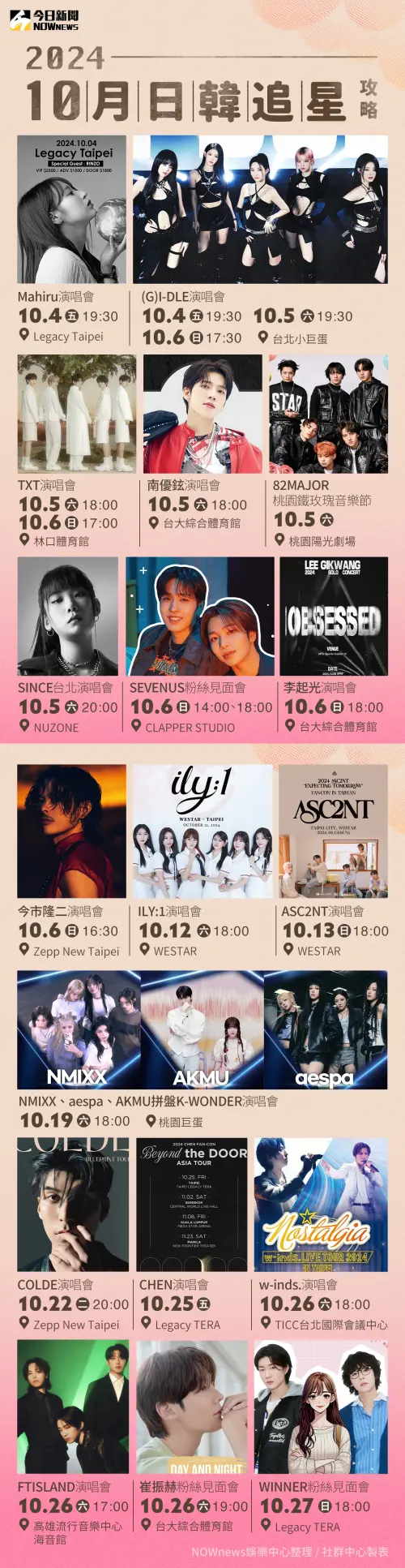 ▲10月日本、韓國藝人「寶島追星攻略」。（圖／ICON Promotions、KKLIVE Taiwan、遠雄創藝、SHOW Office、桃園鐵玫瑰音樂節、Urban RooT 城市之根音樂、趣・韓國、LDH愛夢悅、三啪娛樂行銷有限公司、G-MUSIC、D-SHOW、遠傳電信、希林國際、藝凱娛樂、超級圓頂）