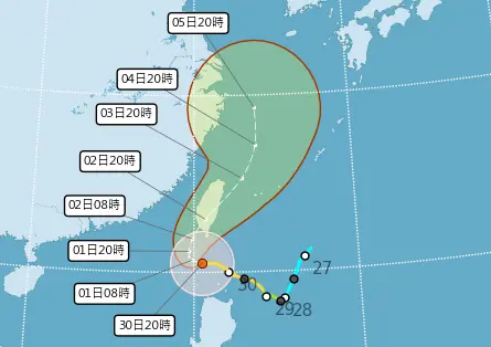 ▲山陀兒颱風路徑還在往西北移動，預估週三登陸高屏一帶，週二至週四上半天，各地風雨最為劇烈。（圖／中央氣象署）