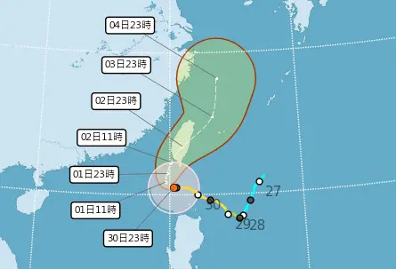 ▲山陀兒颱風今天凌晨增強為強烈颱風，路徑準備北轉朝台灣前進，預估週三登陸高屏一帶，週二至週四上半天，各地風雨最為劇烈。（圖／中央氣象署）