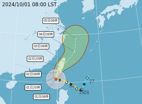 ▲山陀兒颱風今天凌晨增強為強烈颱風，路徑準備北轉朝台灣前進，預估週三登陸高屏一帶，週二至週四上半天，各地風雨最為劇烈。（圖／中央氣象署）