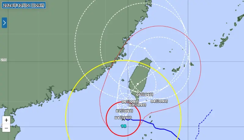 ▲山陀兒颱風將以強烈颱風之姿登陸台灣西南部地區，日本氣象廳最新路徑預報顯示，出海後可能再度出現路徑轉折。（圖／日本氣象廳）