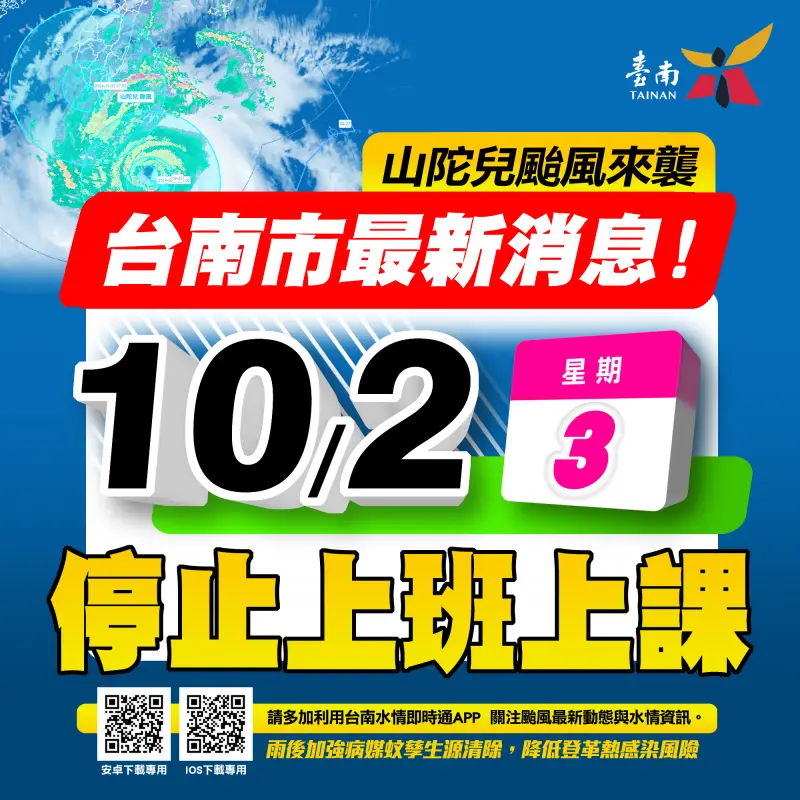 ▲臺南市風力預測，最大陣風達10至11級，已達停班停課標準，為維護市民安全及準備各項應變作為，臺南市政府宣布明日停止上班、停止上課。（圖／南市府提供）