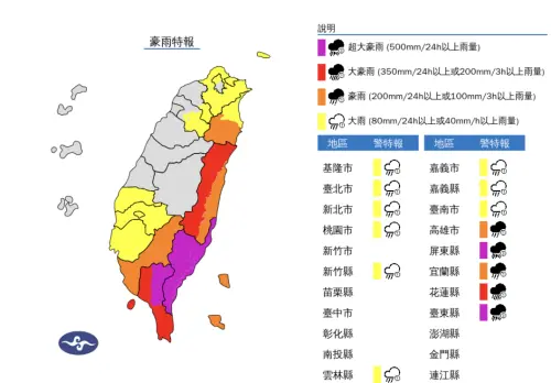 ▲氣象署發針對山陀兒颱風布「豪雨特報」，降雨熱區在東半部、西南部、北台灣地區。（圖／中央氣象署）