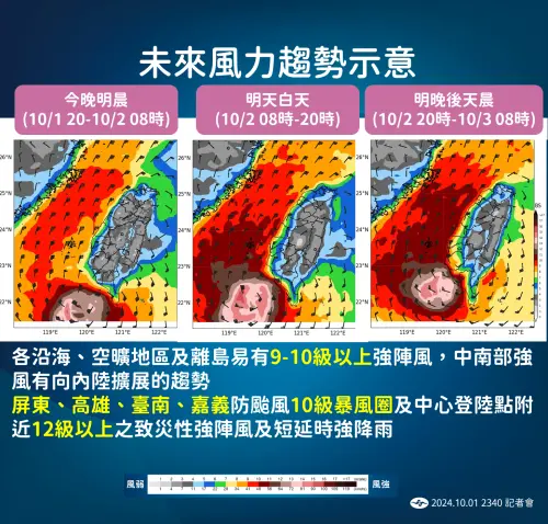 ▲山陀兒颱風除了雨勢驚人外，也可能替南台灣登陸點附近帶來16至17級的強陣風，請民眾多加防範。（圖／中央氣象署）