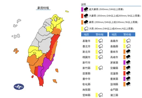 ▲氣象署發針對山陀兒颱風布「豪雨特報」，降雨熱區在東半部、西南部、北台灣地區。（圖／中央氣象署）