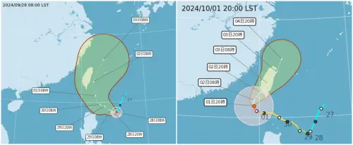 ▲山陀兒颱風從最初的沿著東海岸路徑北上（左），變成登陸台灣北上（右），預報路徑3天內出現巨幅修正。（圖／中央氣象署）