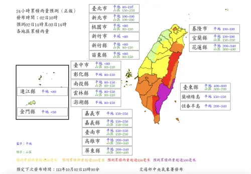 ▲山陀兒颱風最新24小時雨量預估，有包含台北在內的8縣市達颱風假標準。（圖／中央氣象署）