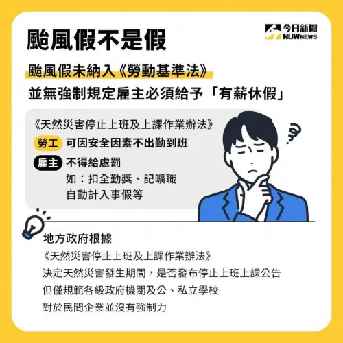 ▲颱風假不是假，並無強制規定雇主要給薪。（圖／NOWnews社群中心製）