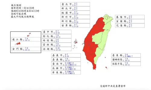 ▲山陀兒颱風明日風力預估，目前共計達14縣市班停課標準，台南、高雄風力最強。（圖／中央氣象署）