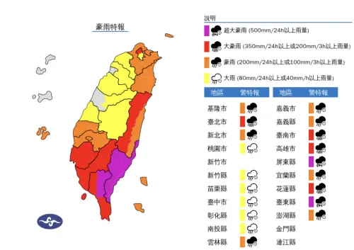 ▲氣象署針對山陀兒颱風發布「豪雨特報」，降雨熱區在東半部、西南部、北台灣地區。（圖／中央氣象署）