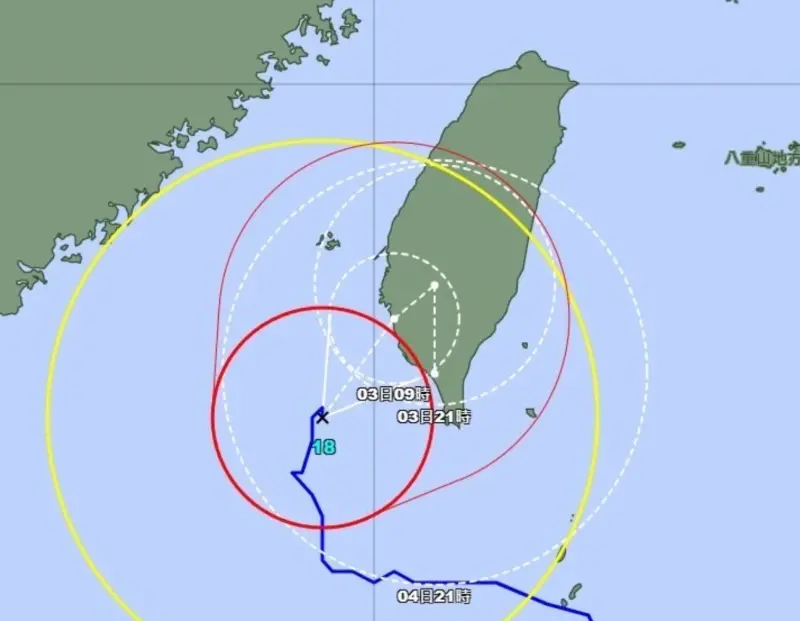 ▲日本氣象廳在今天預估山陀兒颱風路徑會「回馬槍」，從南部登陸之後又殺回屏東，引起討論。（圖/日本氣象廳）