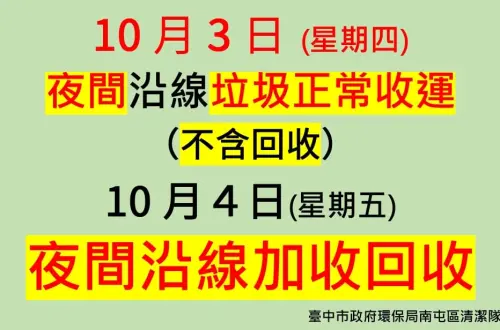 ▲台中市南屯區10/3下午夜間沿線垃圾正常收運，垃圾車依時刻表出勤服務，可收垃圾及廚餘，沒有資源回收車。（圖／台中南屯區春社里里長李志洋臉書）