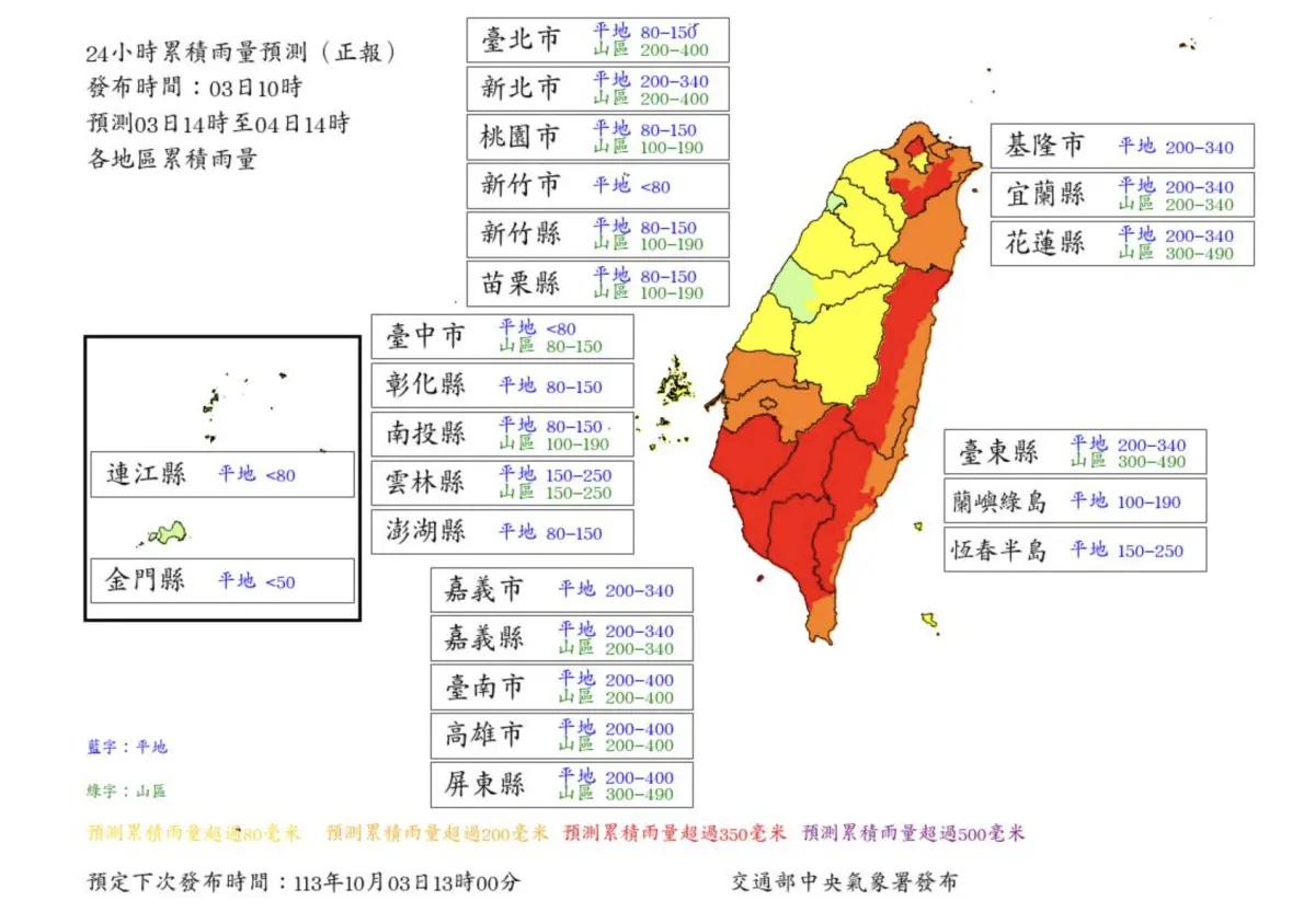 ▲山陀兒颱風即將登陸台灣，氣象署公布最新「是否放颱風假」的重要指標「風雨預估」，目前共有11縣市達標。（圖／中央氣象署）