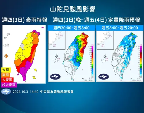 ▲山陀兒颱風影響，今天東半部、雲林以南、北部山區雨勢最為猛烈，南台灣也會有14級以上強陣風。（圖／中央氣象署）