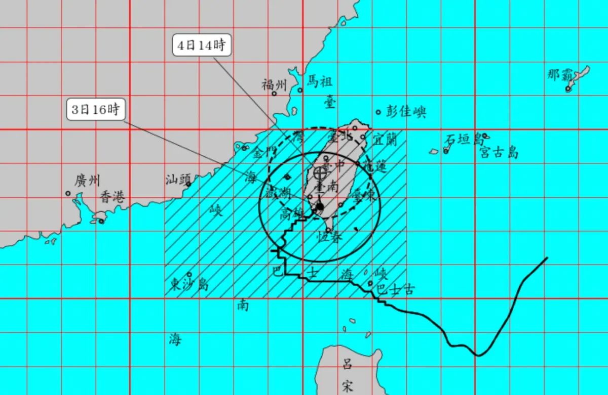 ▲山陀兒颱風已經在今（3）日中午12時40分從高雄小港登陸，將持續朝北移動，雨勢要到明天早上才會趨緩。（圖/中央氣象署）