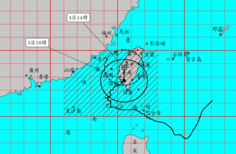 ▲山陀兒颱風已經在今（3）日中午12時40分從高雄小港登陸，將持續朝北移動，雨勢要到明天早上才會趨緩。（圖/中央氣象署）