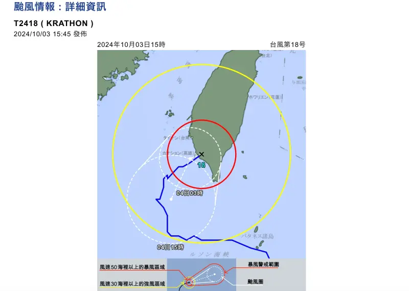 ▲山陀兒颱風今（3）中午已於高雄小港登陸，但移動路徑難以預測，日本氣象廳中午又修改預測路徑認為山陀兒最終會「走回頭路」出海。