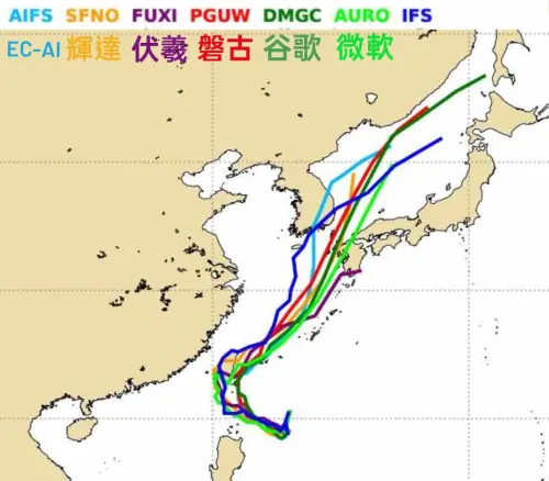 ▲9月28日時，7大AI系統針對山陀兒的路徑預測。（圖／翻攝臉書觀氣象看天氣）