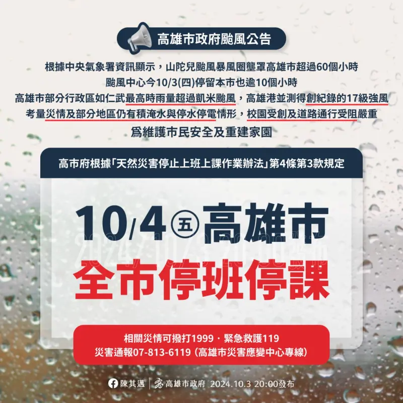 ▲山陀兒重創高雄，為維護市民安全及重建家園，高雄市政府根據「天然災害停止上班上課作業辦法」第4條第3款規定，宣布明(4)日停止上班、停止上課。（圖／高市府提供）