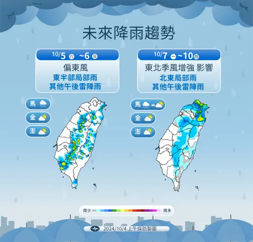 ▲東北季風將導致北部、東半部、山區出現降雨，不過比起本週，穩定許多。（圖／中央氣象署）