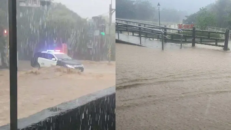 ▲山陀兒挾帶的龐大水氣讓陽明山豪雨成災，就連警車也因淹水卡在路中間。（合成圖／翻攝畫面）