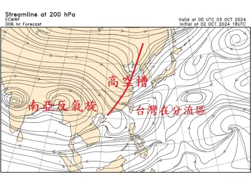 ▲高空天氣圖可見，高空槽接近，形成類似「梅雨期」的高空氣流型態。（圖／鄭明典臉書）