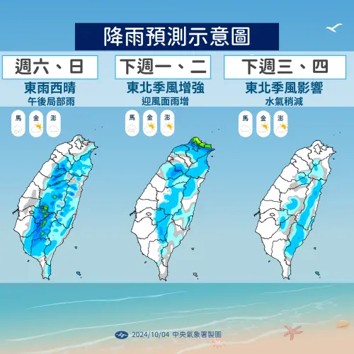 ▲下週一、二東北季風增強，迎風面降雨量增加。（圖／中央氣象署）