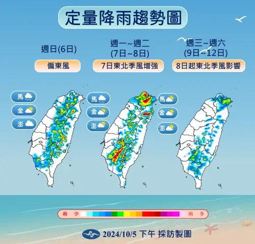 ▲明（6）日環境風向為偏東北東風，東半部、馬祖有不定時的局部短暫雨，大台北地區有零星短暫陣雨，天氣相對穩定。（圖／中央氣象署提供）