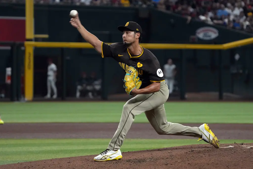 ▲教士隊達比修有超狂變化球連發，5球三振大谷翔平，連續3次解決小老弟。（圖／美聯社／達志影像）