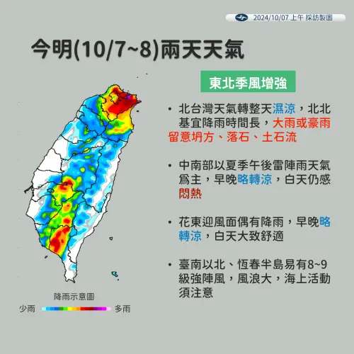 ▲週一、週二東北季風增強、水氣最多，北北基宜降雨時間長，且有豪雨發生。（圖／中央氣象署）