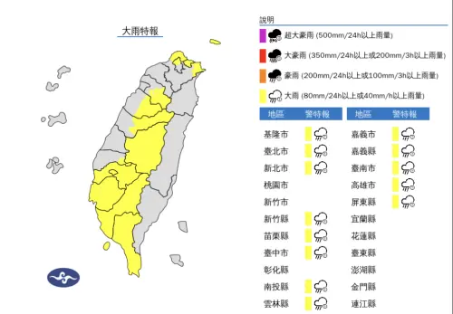 快訊／下班注意！雙北、高雄等13縣市「大雨特報」　雨勢越晚越大
