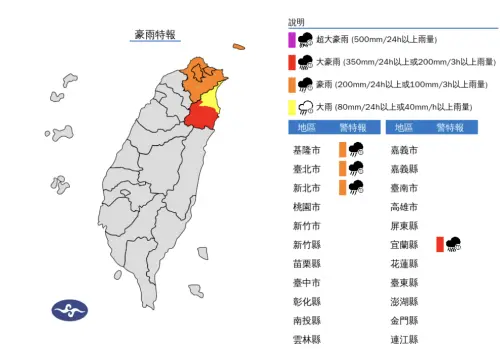 ▲氣象署今早針對北北基宜發布「豪雨特報」，中南部午後也要留意雷陣雨的發生。（圖／中央氣象署）