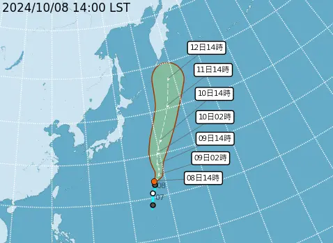 ▲位在關島附近的熱帶性低氣壓即將增強為「貝碧嘉颱風」，路徑對台灣沒有影響